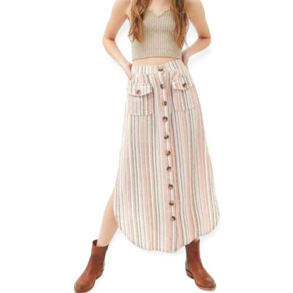 Urban Outfitters Carson Linen Blend Button Up Striped Midi Skirt Medium - Picture 7 of 16
